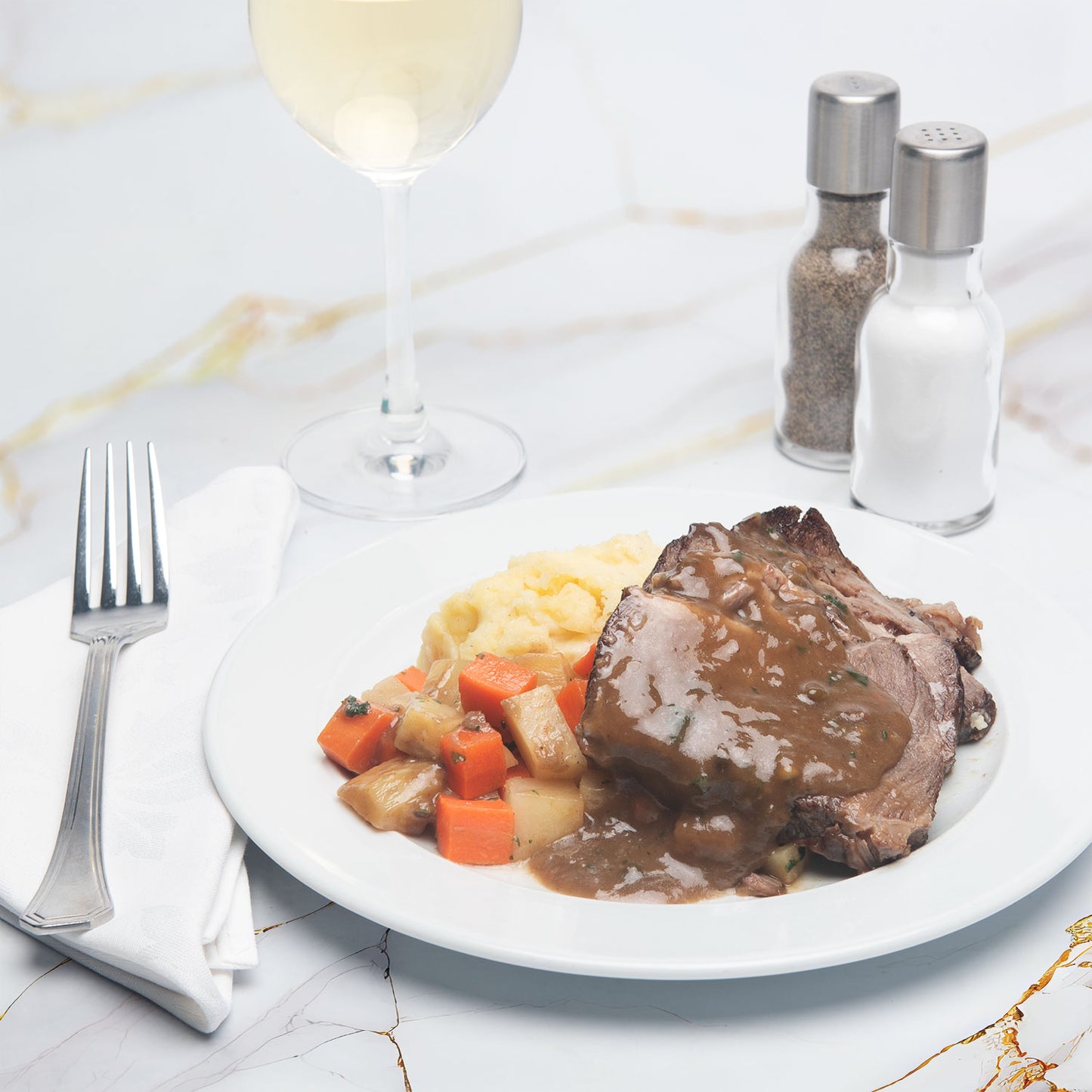 Beef Short Rib with Root Vegetables and Buttermilk Mashed Potatoes, Green Pepper Sauce