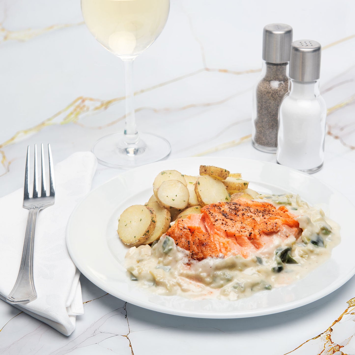 Grilled Salmon with Creamed Leeks and Fingerling Potatoes